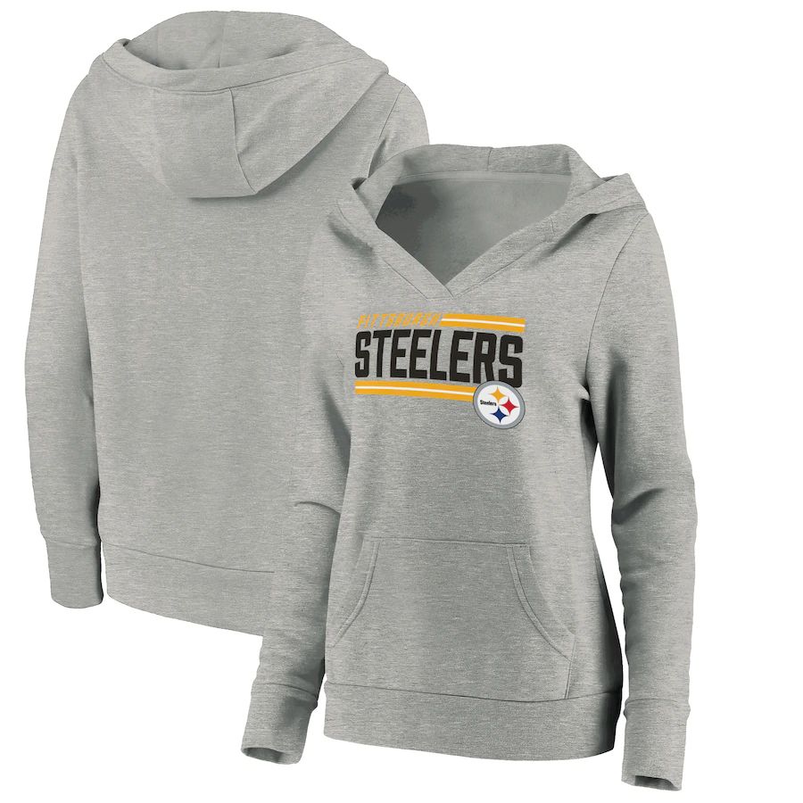 Women Pittsburgh Steelers Fanatics Branded Heathered Gray On Side Stripe V-Neck Pullover Hoodie->green bay packers->NFL Jersey